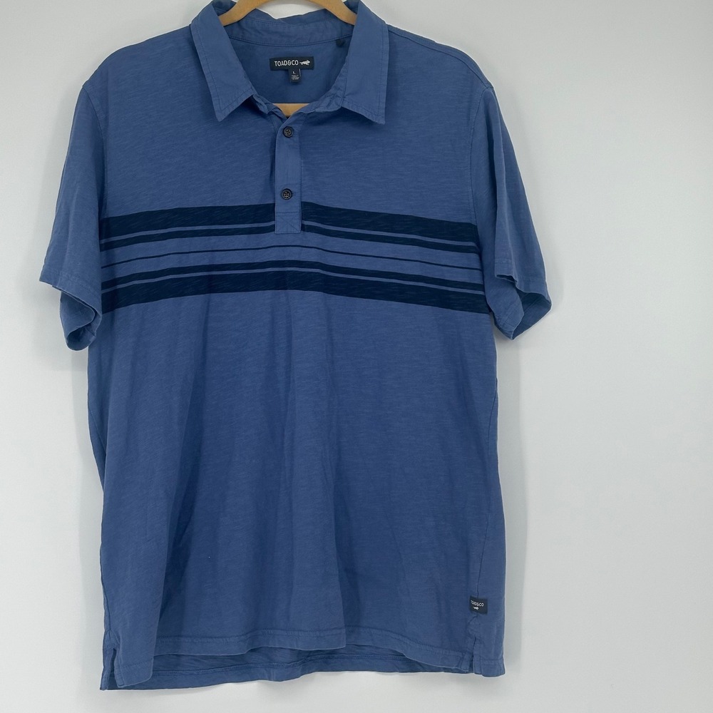 Toad&Co‎ Mens Blue Striped Organic Cotton Slub Knit Short Sleeve Polo Shirt L